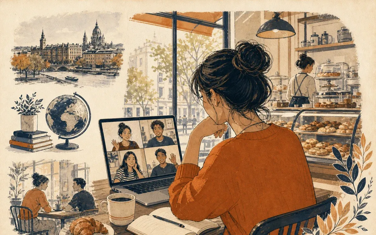 Illustration for the A1 story "El Mercado": . Setting cues: family-call, bakery-cafe.
