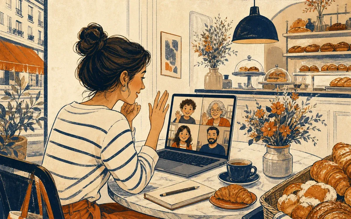 Illustration for the A1 story "La Cena": . Setting cues: bakery-cafe, family-call.