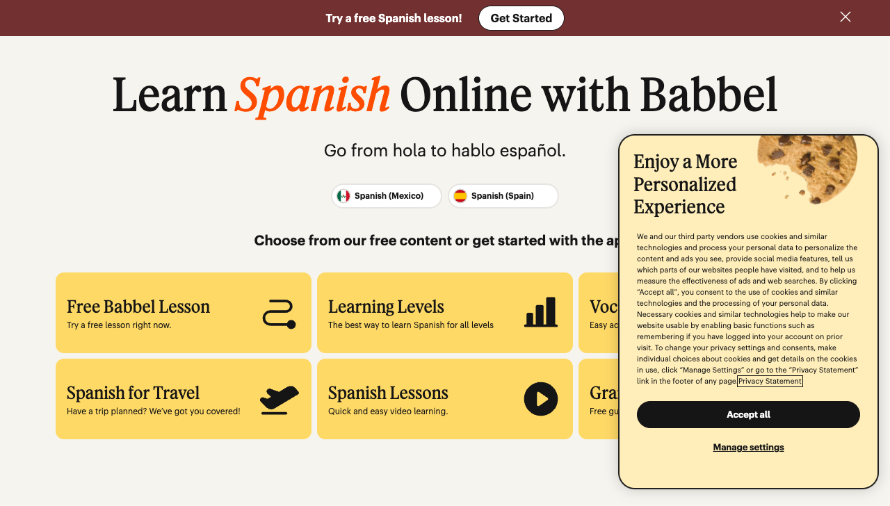 Babbel Learn Spanish page describing a free beginner lesson and course levels