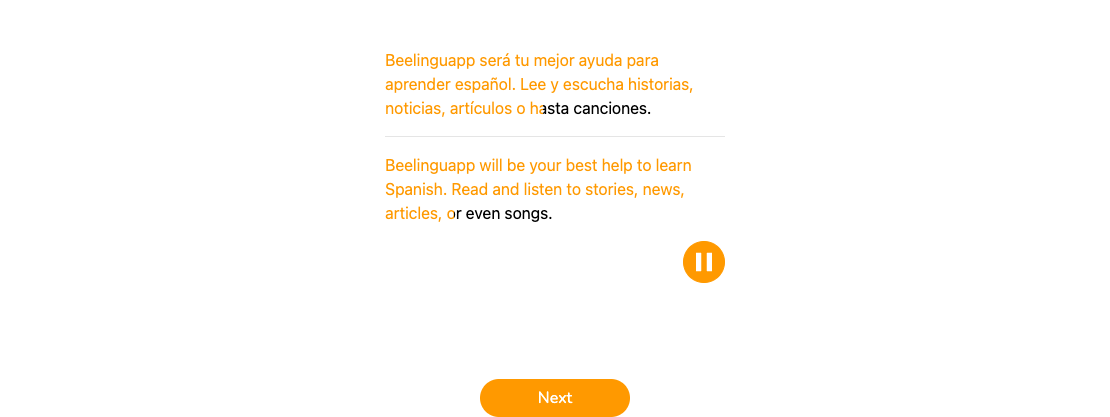 Beelinguapp onboarding preview showing the same story text in Spanish and English