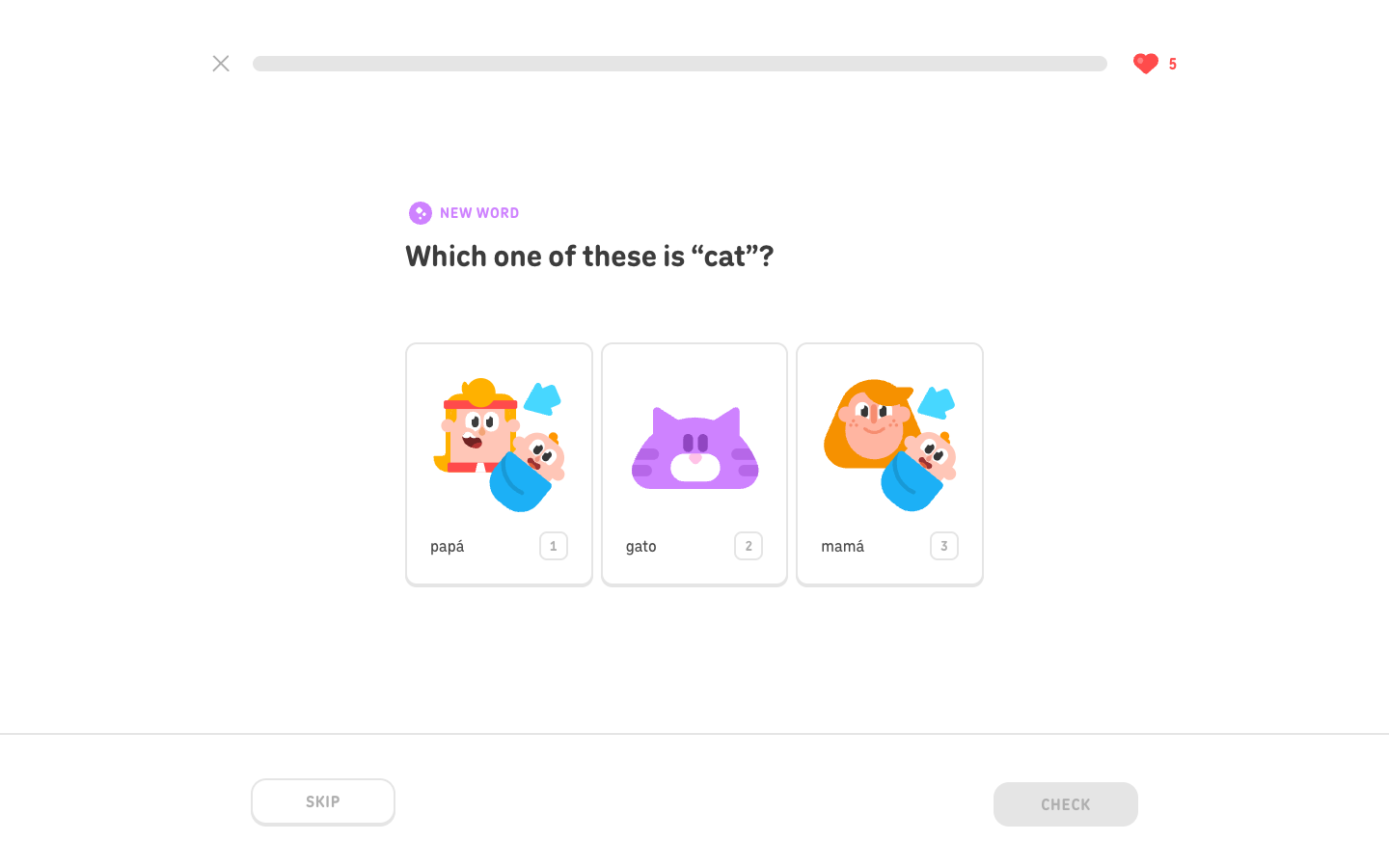 Duolingo first public Spanish vocabulary task asking which word means cat