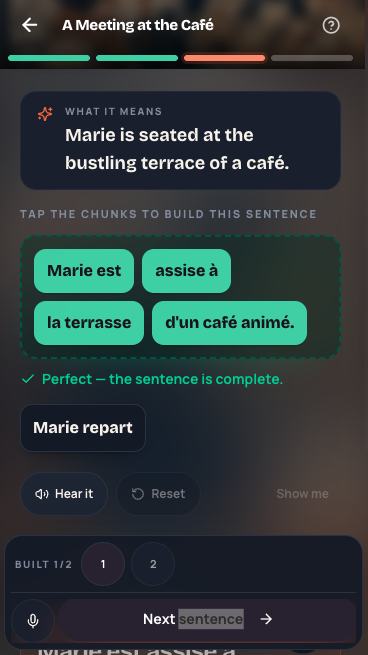MeloLingua chunk practice screen for rebuilding a sentence from the current story