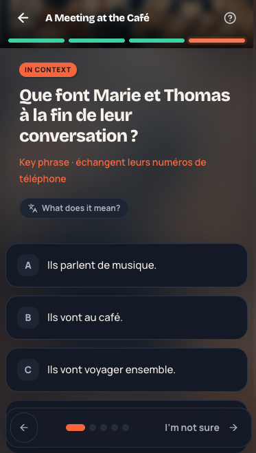 MeloLingua in-context quiz asking a comprehension question about the story