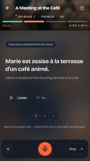 MeloLingua speaking screen with story sentences, playback controls, and a microphone button