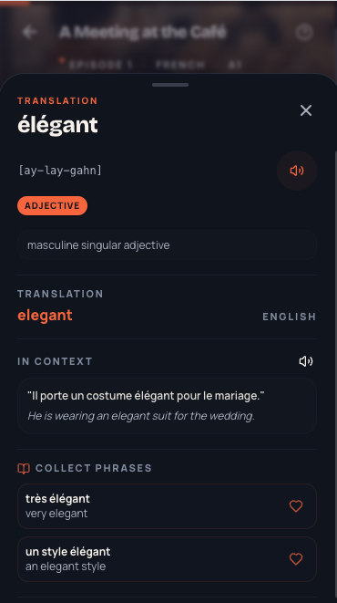 MeloLingua word support panel showing an in-context translation and grammar details